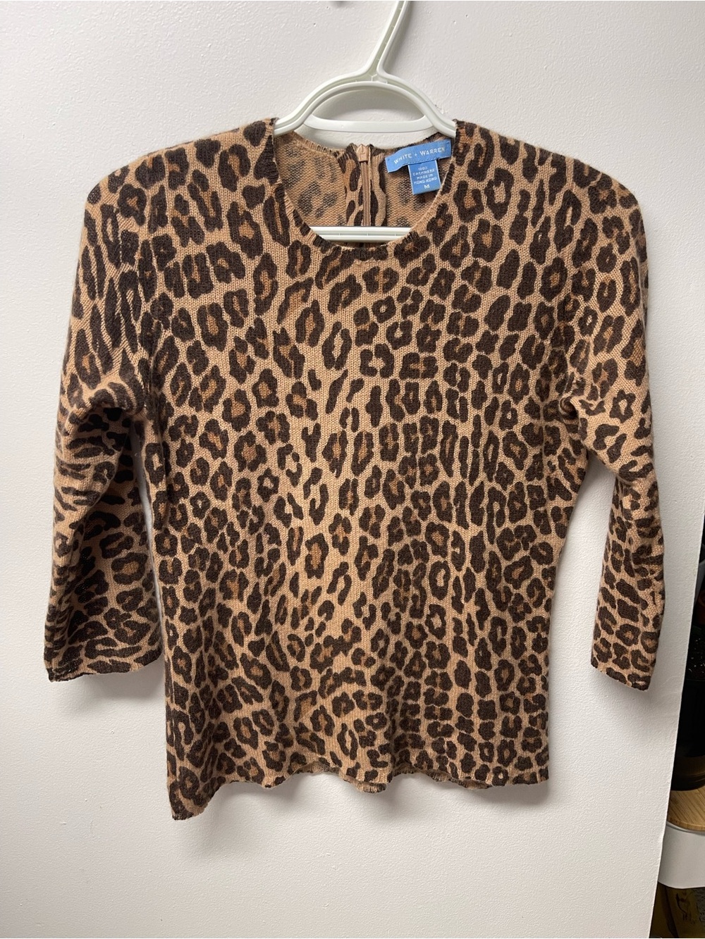 White + Warren Leopard Print 100% Cashmere 3/4 sleeve Sweater/Top M